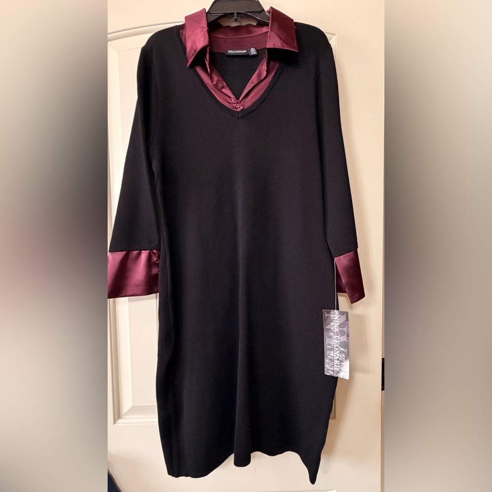 Nina Leonard Black Dress with Burgundy Details